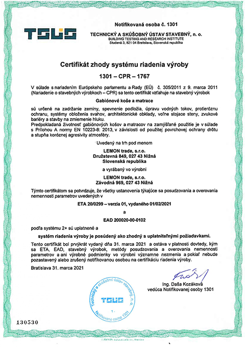 Certifikát Gabiony Lemon 1